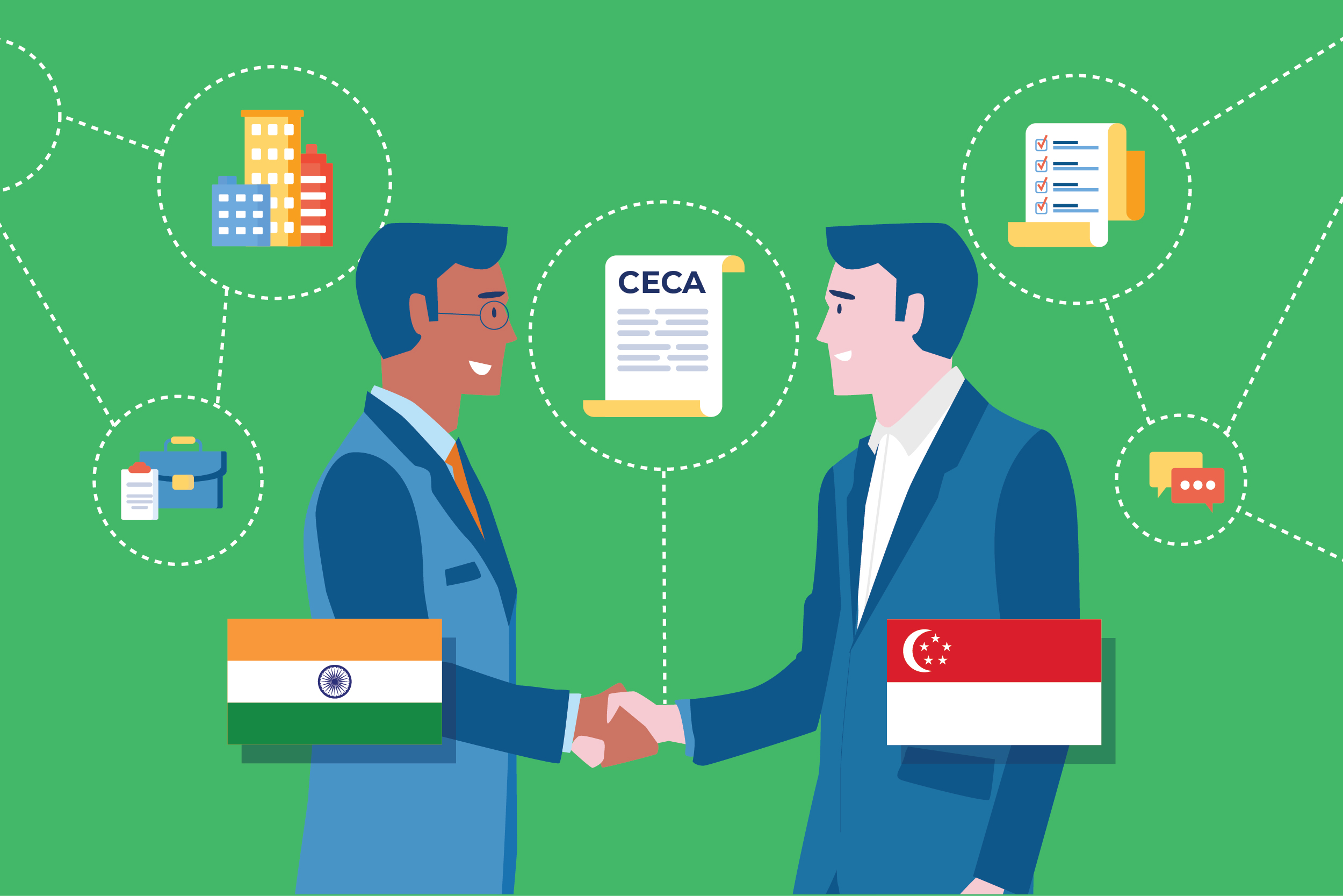Singapore and India businessmen shaking hands under CECA agreement icons.